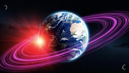Earth illuminated with glowing pink and purple rings surrounds the planet Space exploration visualizing planetary science and astronomical concepts Digital illustration showcases celestial beauty