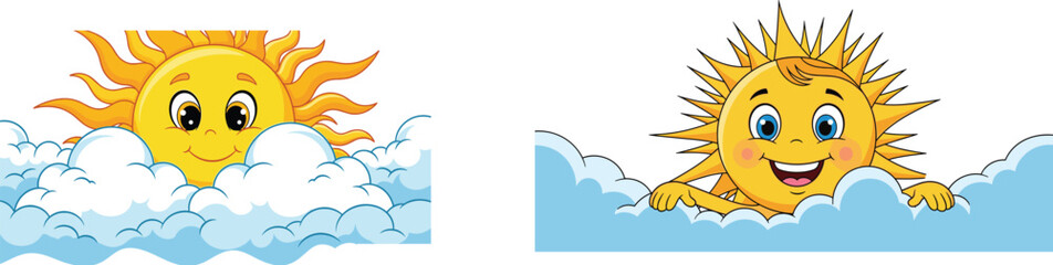 Cute cartoon sun characters with smiling faces, sun in clouds clipart, happy sunshine illustration, weather vector art for kids