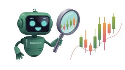 Friendly robot analyzing stock market data with a magnifying glass