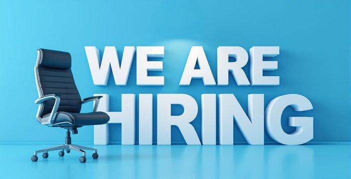 Office chair next to bold "We Are Hiring" text in bright blue business concept scene with modern design and clean background style. Ai generative. Ai generative