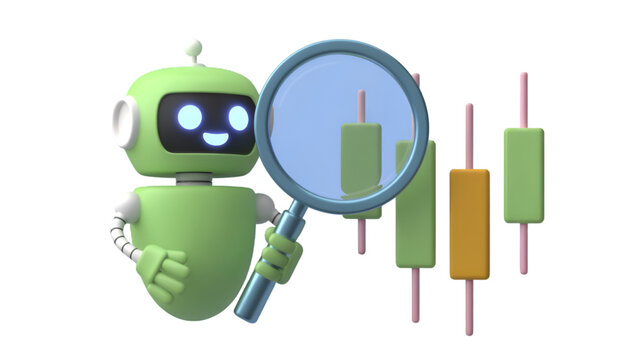 Friendly robot analyzing stock market candlestick chart - Powered by Adobe