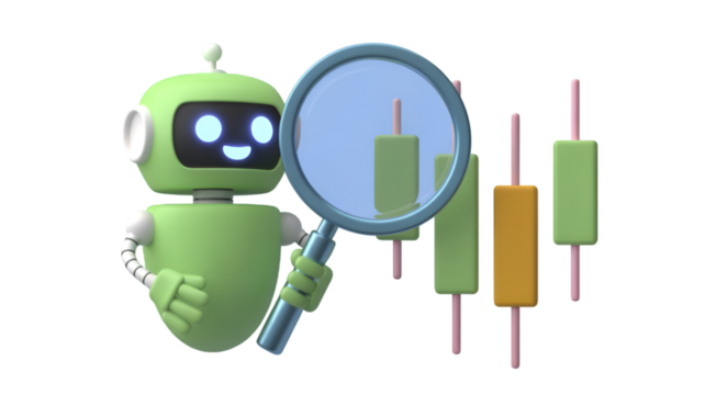 Friendly robot analyzing stock market candlestick chart