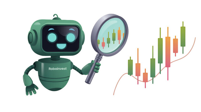 Friendly robot analyzing stock market data with a magnifying glass - Powered by Adobe
