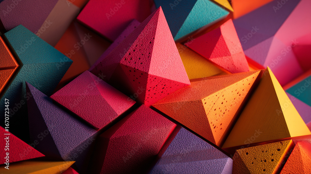 Poster a colorful abstract background featuring a collection of textured geometric pyramid shapes and vibra