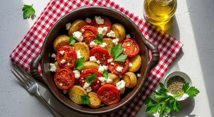 Baked potatoes and tomatoes with feta cheese garnished with herbs on checkered tablecloth