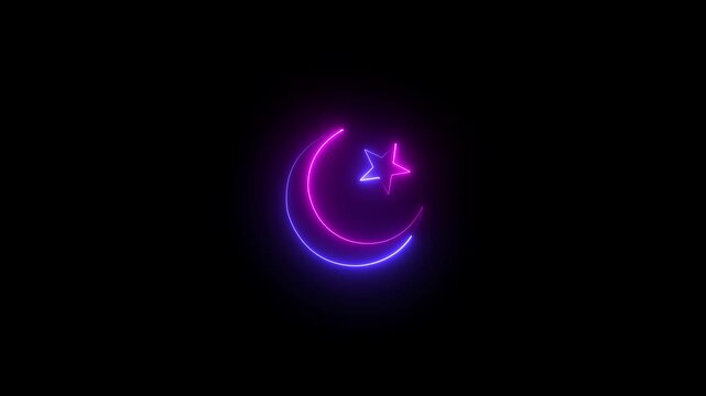 Glowing neon line Moon and stars icon isolated on black background. Star and moon icon showcases a glowing crescent moon and shimmering star on black background. The beautiful view on the bright moon 