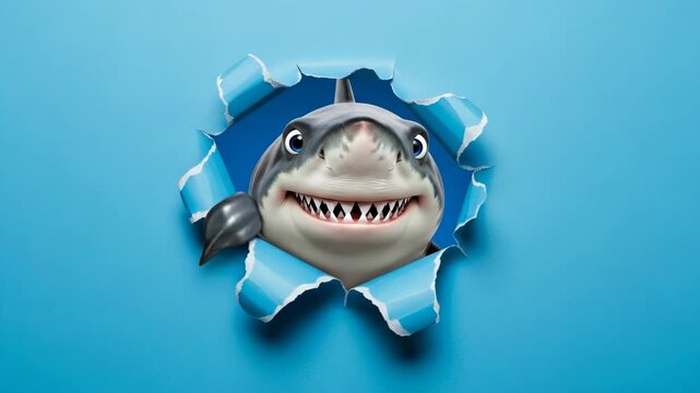 Playful Shark Peeking Through Torn Paper - A friendly cartoon shark playfully peers through a hole in a bright blue background. The video is clean, vibrant, and perfect for various uses.