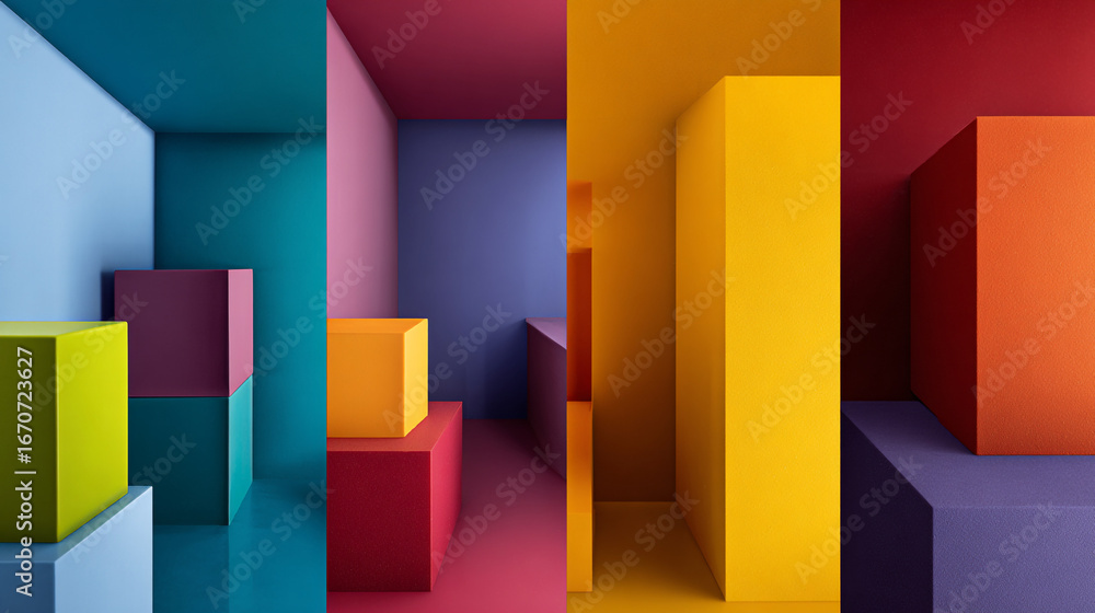 Poster a vibrant display of colorful geometric shapes in varying shades and minimalist compositions style a