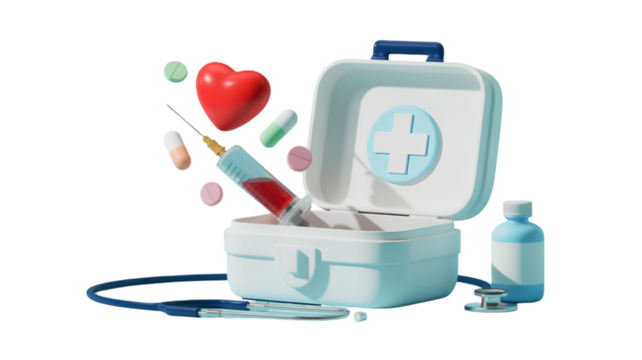 Medical Kit with Syringe, Pills, Heart, and Stethoscope