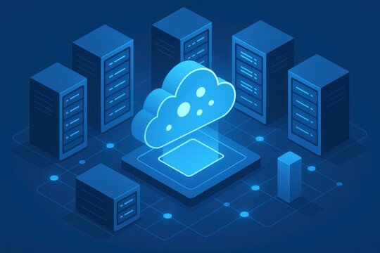 Modern cloud computing infrastructure with servers and data storage in a futuristic digital network