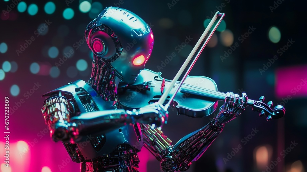 Poster a humanoid robot with luminous joints playing the violin in an urban setting futuristic performance 