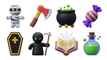Spooky Halloween Icons: Mummy, Axe, Cauldron, Candy, Coffin, Grim Reaper, Book, Potion
