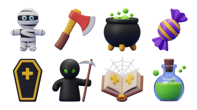 Spooky Halloween Icons: Mummy, Axe, Cauldron, Candy, Coffin, Grim Reaper, Book, Potion