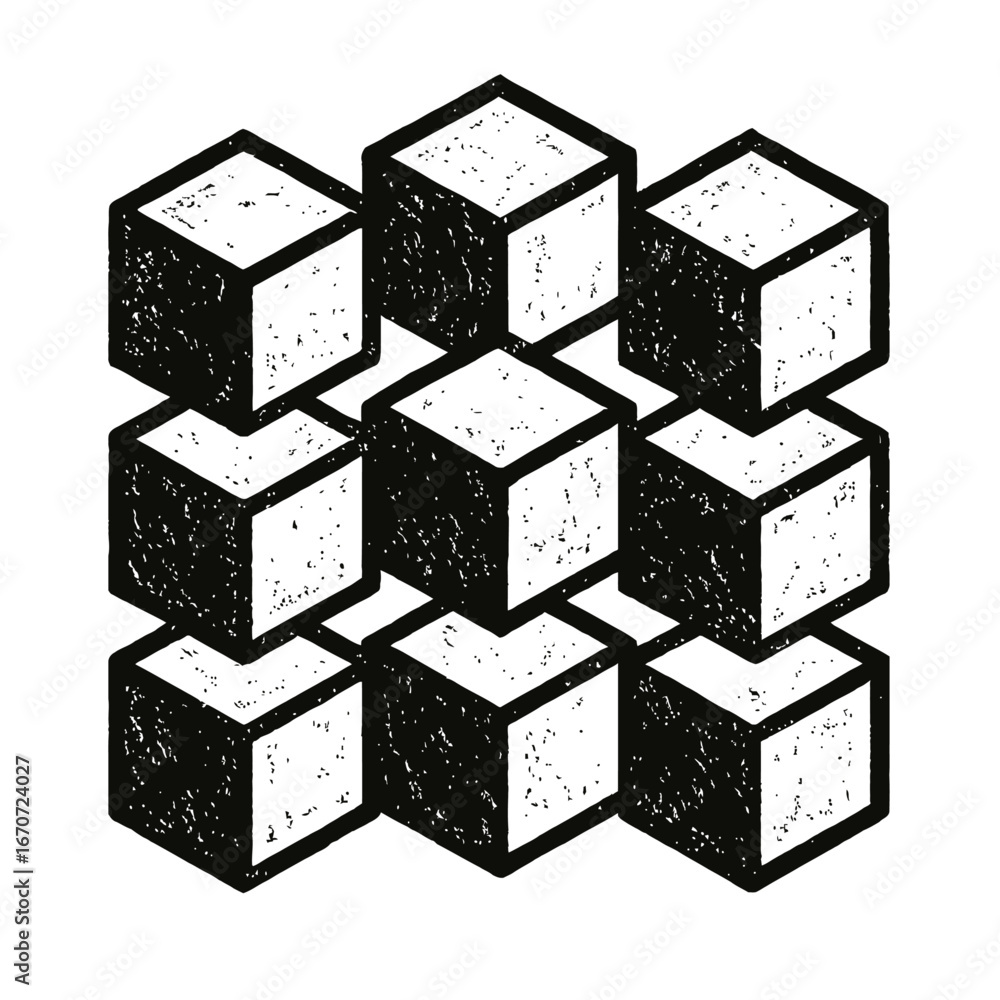 Poster hand-drawn isometric cubes vector - grungy and distressed abstract 3d geometric blocks