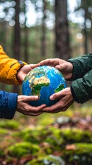 Hands holding a globe in a forest