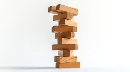 Jenga tower teetering on the edge indoor game room image capture minimalist environment close-up viewpoint tension and balance