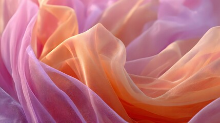 Obraz premium A delicate, flowing fabric with a soft ombre of warm pinks and oranges. The translucent material is beautifully draped and displays a captivating texture.