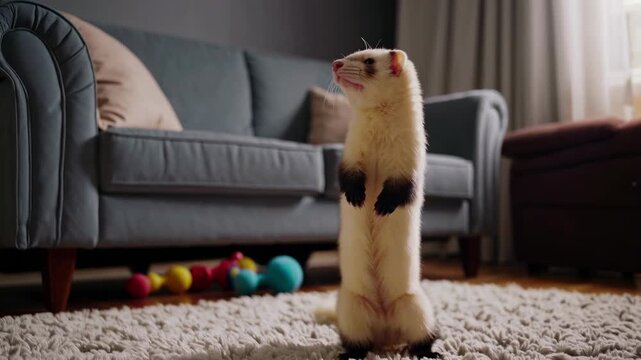 A cozy living room scene with a ferret on a fluffy rug. Low-angle shot captures playful mood, perfect for a home lifestyle video concept.