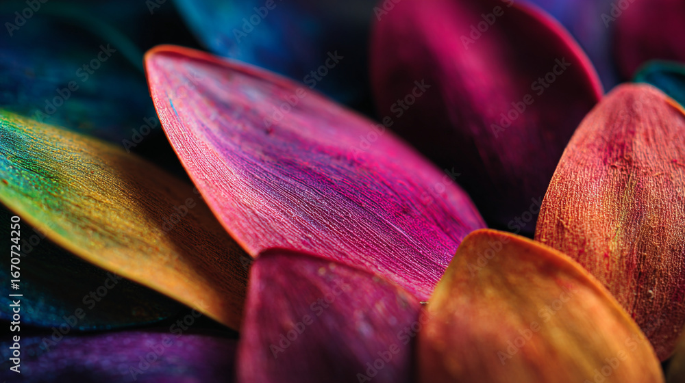 Poster a close up of colorful petals arranged in a circular pattern with vibrant hues and textures