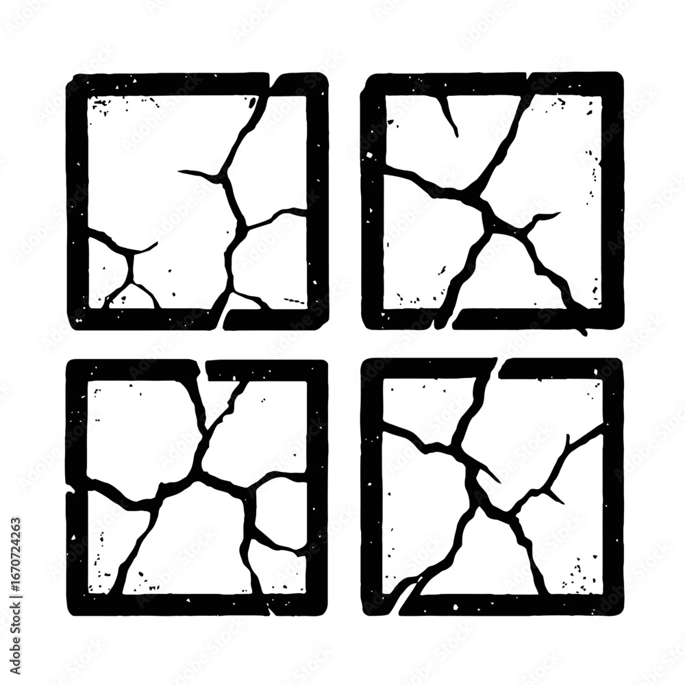 Poster hand-drawn cracked squares vector set - grungy and distressed texture frames collection