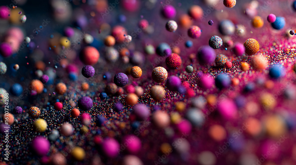 Poster a vibrant display of colorful spheres suspended in a dynamic and textured abstract composition art