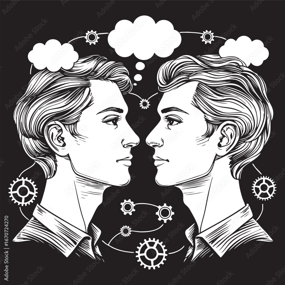 Aufkleber minds connecting ideas outline illustration. vector line art showing cognitive collaboration with in