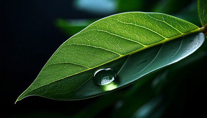 a droplet on the vibrant green leaf against a dark background