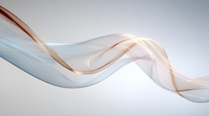 Abstract design featuring flowing, translucent ribbons in light blue and copper tones, creating a sense of movement and elegance against a light gray background.