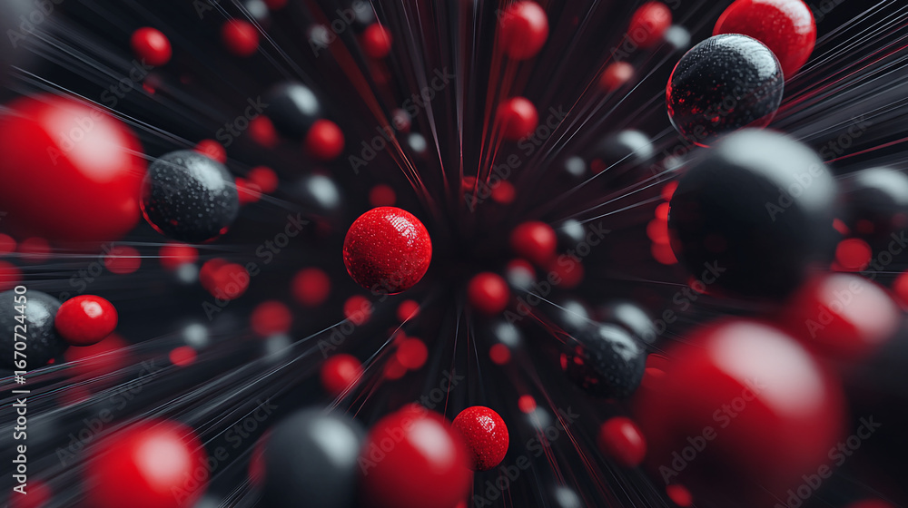 Poster a dynamic array of red and black spheres with motion blur effect on a dark abstract background scene