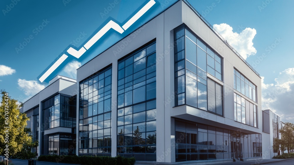 Poster elevate your business large office building with upward arrow urban setting visual representation fo