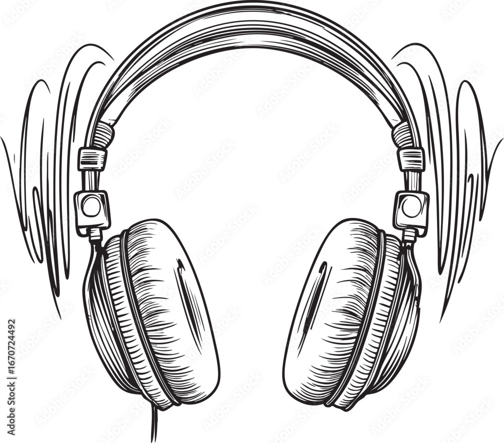 Poster headphones with sound waves outline. vector minimal design for music themes