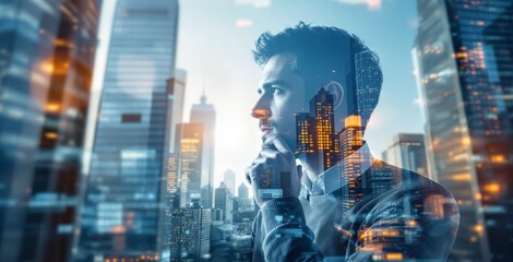 Thoughtful businessman overlaid with cityscape, symbolizing innovation, strategy, and future planning in a corporate business concept environment. Ai generative