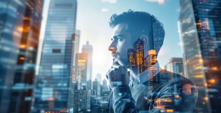 Thoughtful businessman overlaid with cityscape, symbolizing innovation, strategy, and future planning in a corporate business concept environment. Ai generative