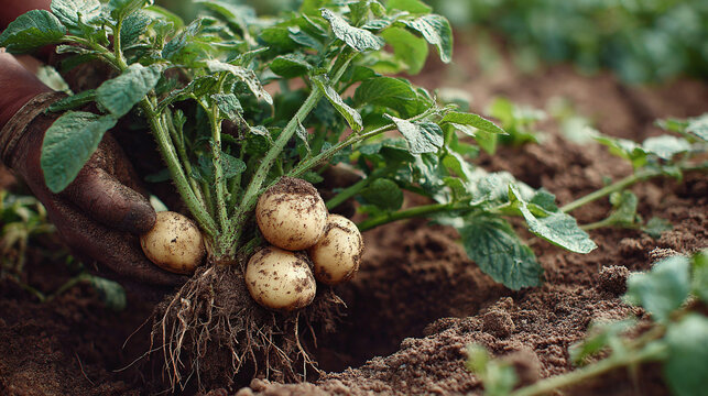 Fresh organic potatoes being harvested directly from the soil in a rural field