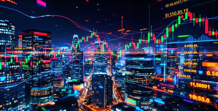 Digital financial data and stock charts over modern city skyline at night, illustrating futuristic economic analysis and business investment concept. Ai generative
