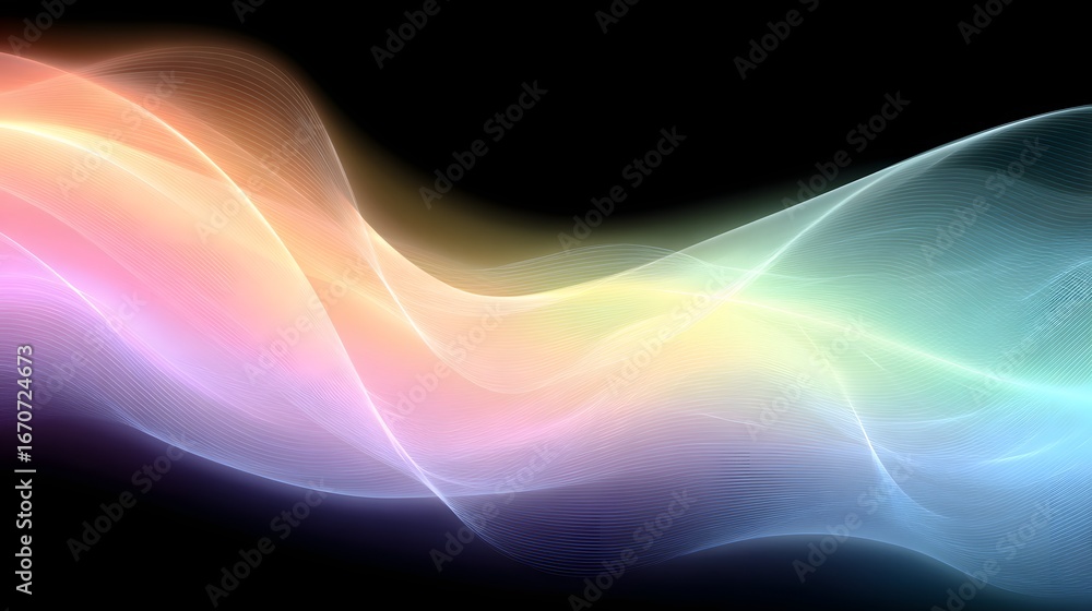 Poster abstract design featuring flowing, luminous lines in a spectrum of soft pastel colors against a dark