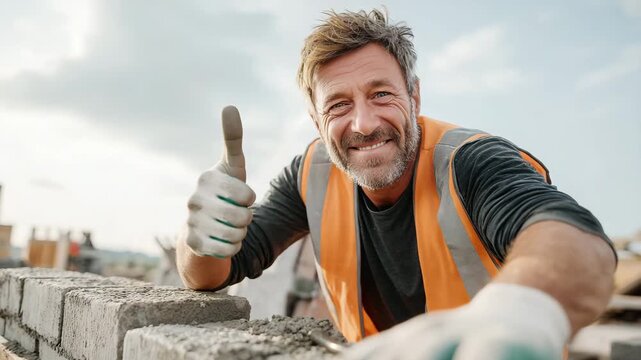 Smiling builder showing "class" gesture while working on brickwork. Concept of successful construction. Portrait of happy worker in protective vest building wall. Symbol of success and work.