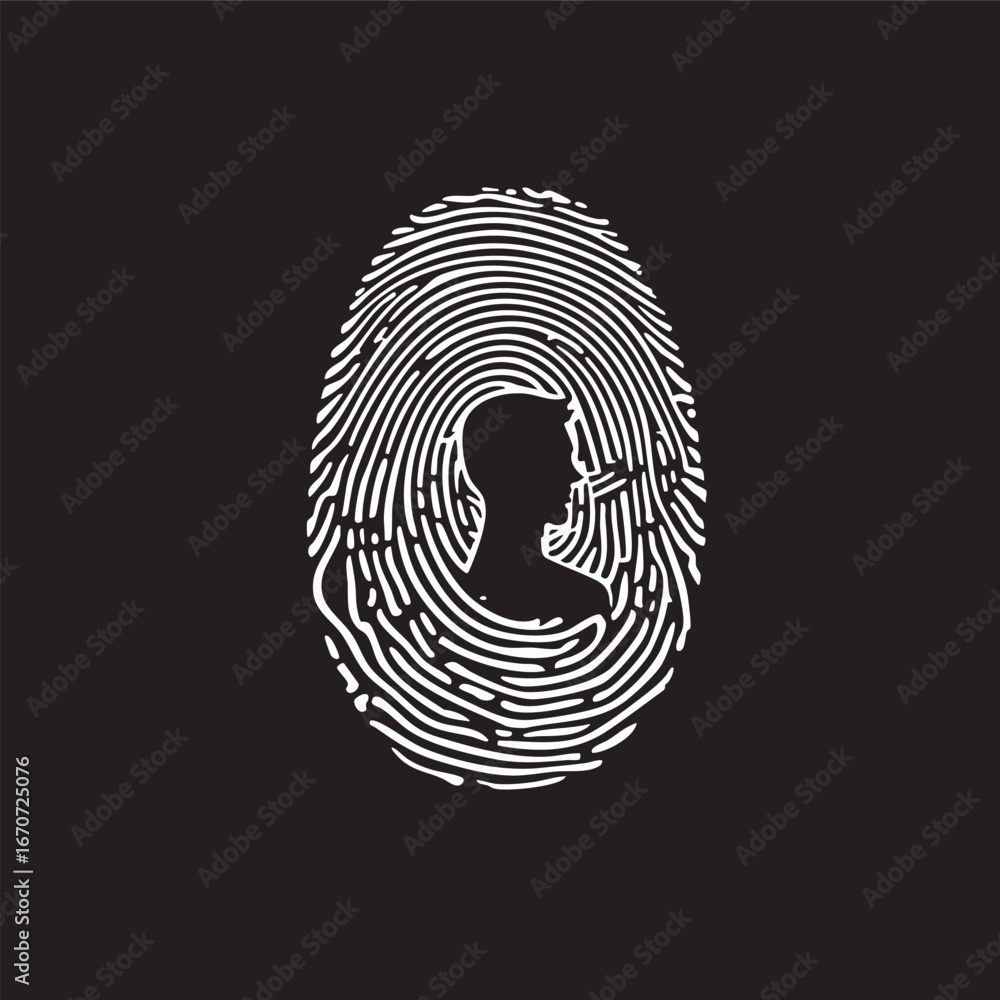 Poster fingerprint and human silhouette merge. outline vector design symbolizing biometric identity and uni