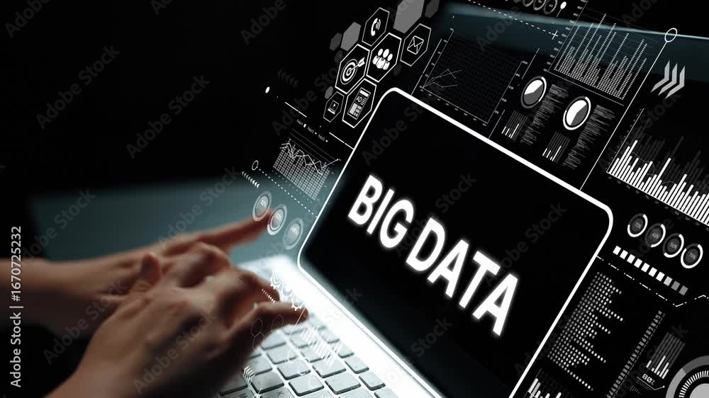 Aufkleber hands typing on laptop with big data graphics and analytics display for data science and technology 