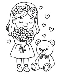 Girl with Flowers, Teddy Bear & Hearts