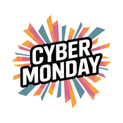 Cyber Monday text with colorful exploding abstract shapes on white background lettering
