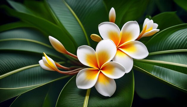 tropical frangipani flowers isolated on green leaves suitable for botanical floral or nature themed visual content