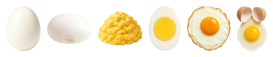 Eggs set including whole peeled, poached, scrambled, halved, fried, and cracked stages isolated. Healthy breakfast and cooking ingredient collection.