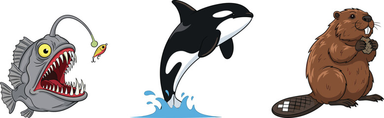 Cartoon Anglerfish, Orca, and Beaver Illustration - Fun Aquatic and Forest Animal Vector Set for Kids, Learning, and Designs