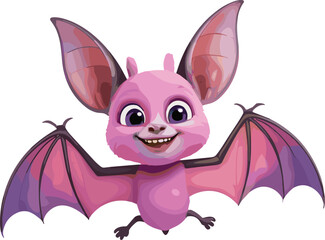 Cartoon bat character illustration, cute smiling flying animal mascot with wings spread wide, fun purple bat vector art design