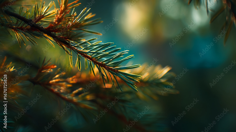 Aufkleber a close up view of a pine tree branch with needles and blurred background with bokeh effect outdoors