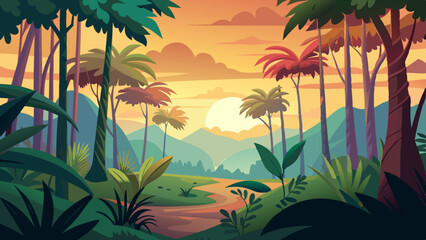 rainforest or tropical forest at sunset time scene