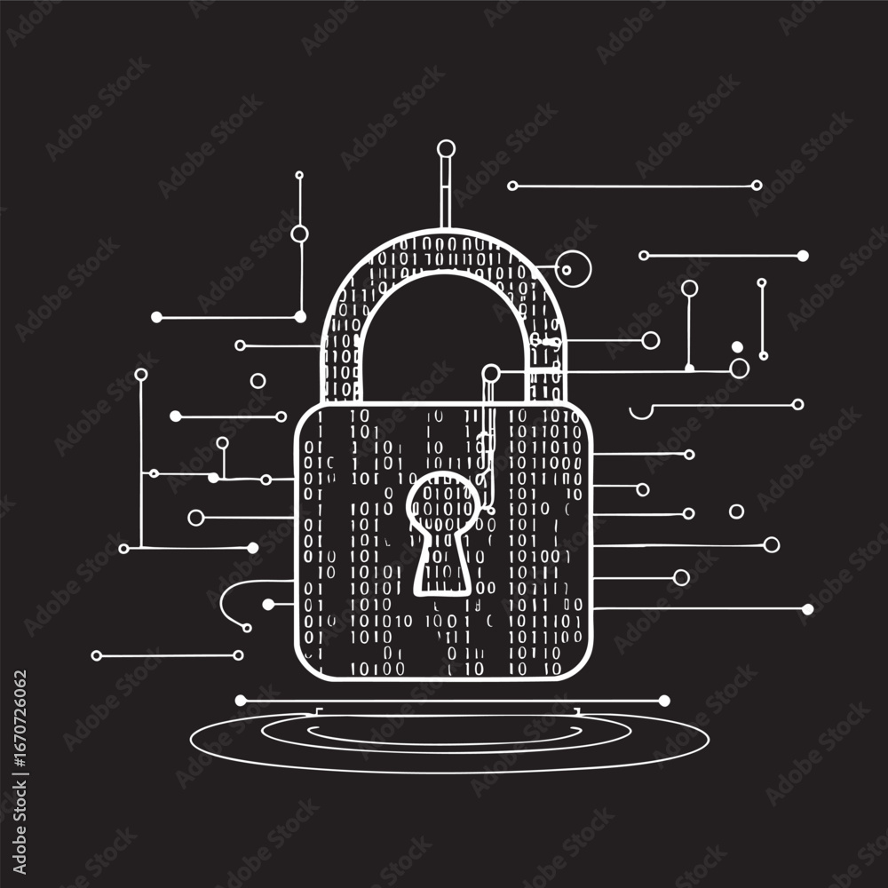 Aufkleber digital lock with binary code flow outline encryption concept on dark blue background for cybersecur