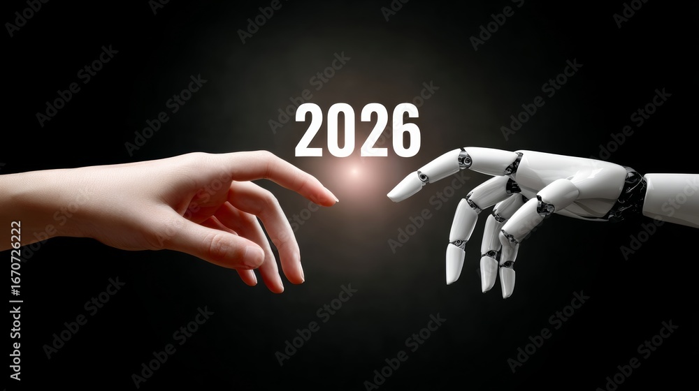 Poster two robotic hands are touching each other, with the year 2016 written in white letters above them. c