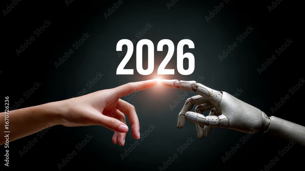 Poster robot hand is touching a human hand with the year 2016 in the background. concept of progress and ad